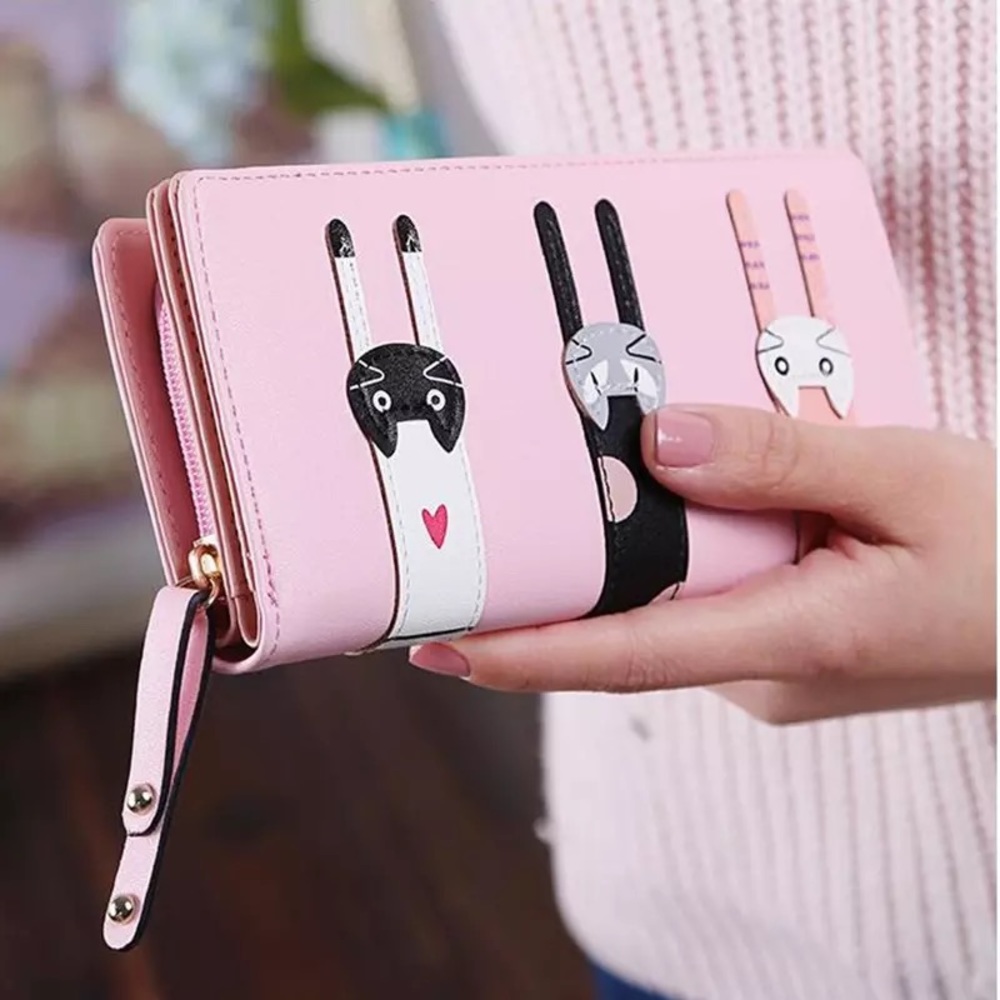Pink Vegan Leather Cat Clutch Wallet Checkbook - Picture 1 of 15